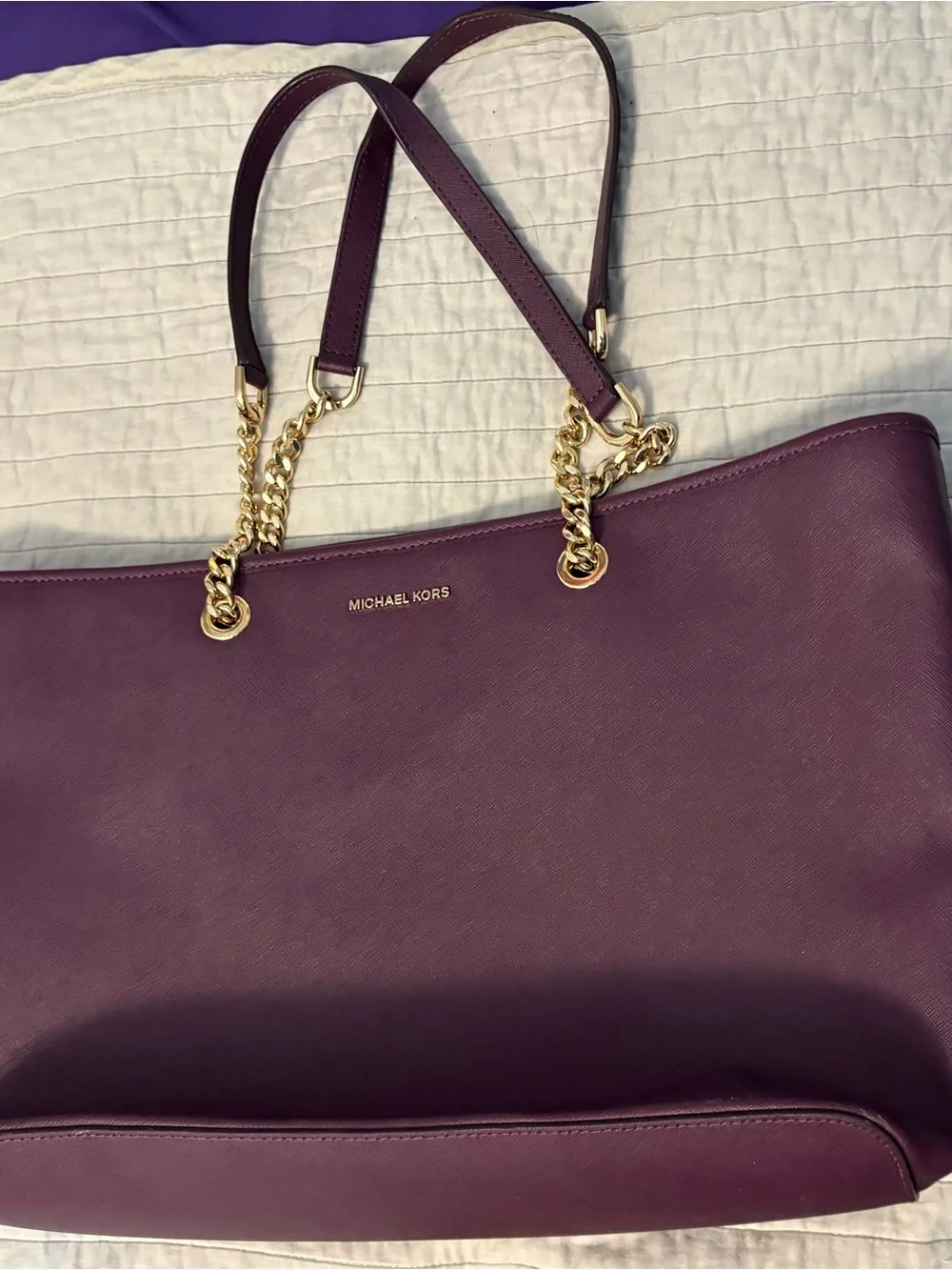 Michael Kors Deep Plum Leather Chain-Accent Tote